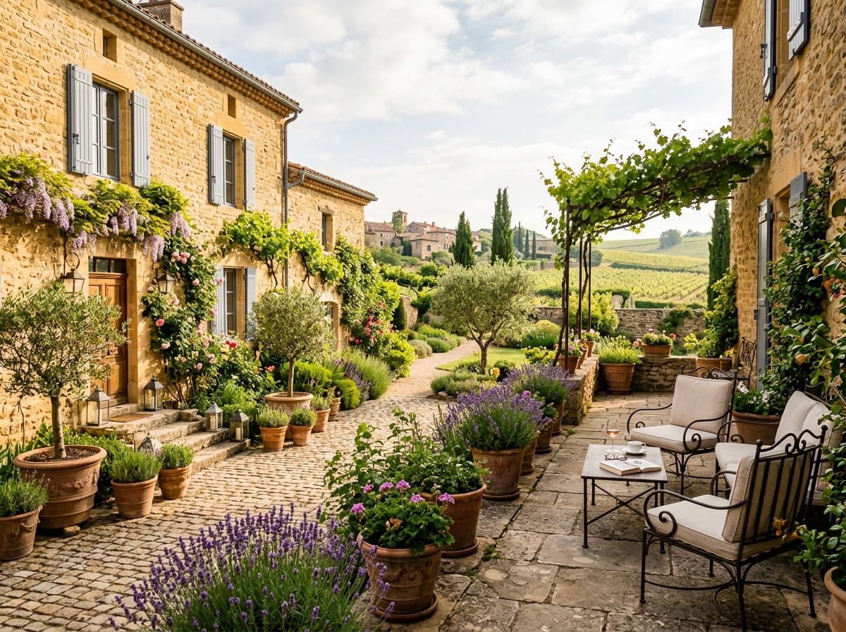 Terrasse calcaire fleurie et sérénité dans les Pierres Dorées