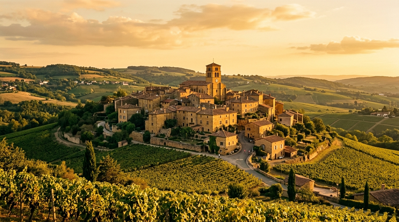 Vue panoramique des coteaux et village des Pierres Dorées